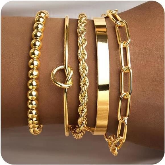 Gold Bracelets Set for Women 14K Gold Plated Cuff Bangle Paperclip Chain Jewelry - Picture 1 of 7
